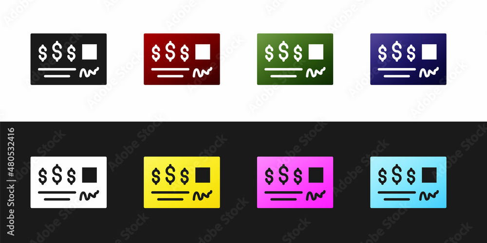 Set Blank template of the bank check and pen icon isolated on black and white background. Checkbook cheque page with empty fields to fill. Vector Set Blank template of the bank check and pen icon isolated on black and white background. Checkbook cheque page with empty fields to fill. Vector