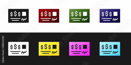 Set Blank template of the bank check and pen icon isolated on black and white background. Checkbook cheque page with empty fields to fill. Vector