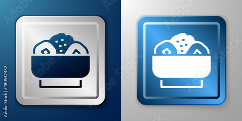 White Chow mein on plate icon isolated on blue and grey background. Asian food. Silver and blue square button. Vector
