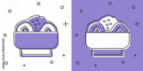 Set Chow mein on plate icon isolated on white and purple background. Asian food. Vector