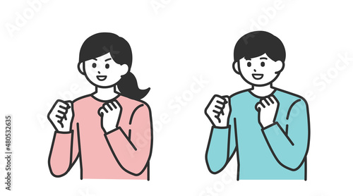 若い男性と若い女性がガッツポーズをするイラスト素材