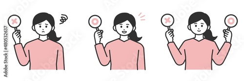 若い女性がまるとばつの札を持つイラスト素材
