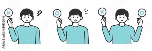 若い男性がまるとばつの札を持つイラスト素材