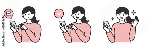 若い女性がスマートフォンを操作して登録するイラスト素材セット