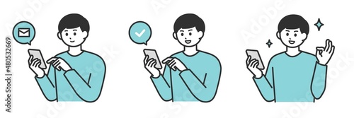 若い男性がスマートフォンを操作して登録するイラスト素材セット