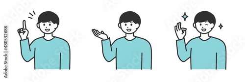 若い男性の表情とジェスチャーのイラスト素材セット