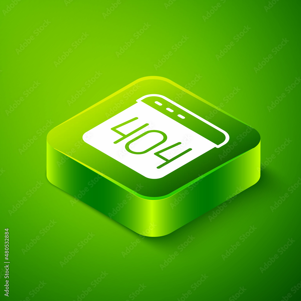 Isometric Page with a 404 error icon isolated on green background. Template reports that the page is not found. Green square button. Vector Isometric Page with a 404 error icon isolated on green background. Template reports that the page is not found. Green square button. Vector