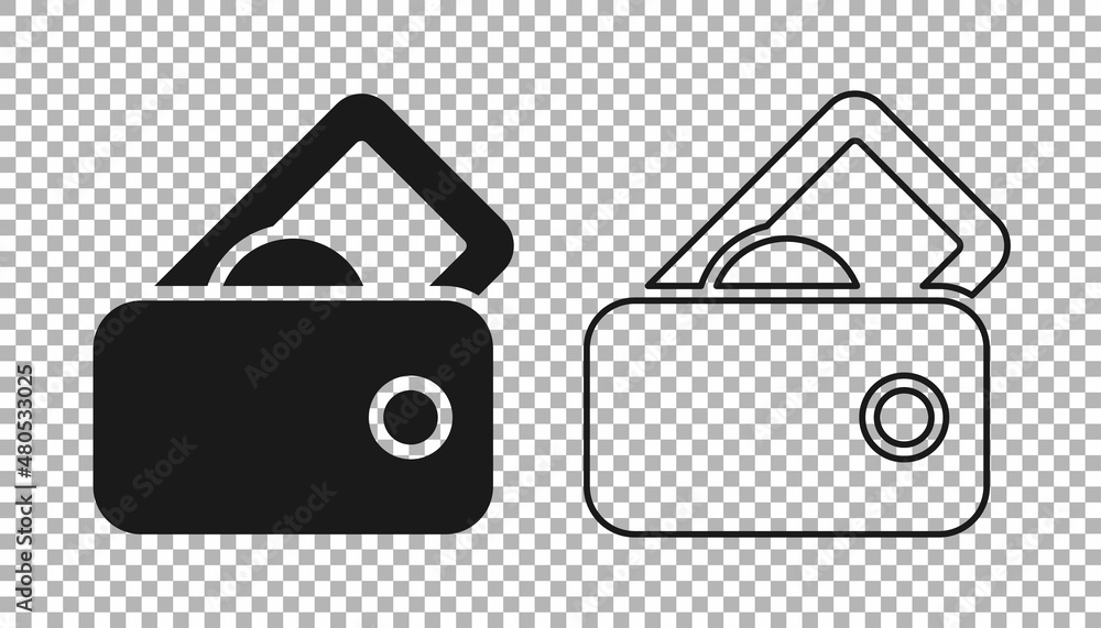 Black Wallet with money icon isolated on transparent background. Purse icon. Cash savings symbol. Vector