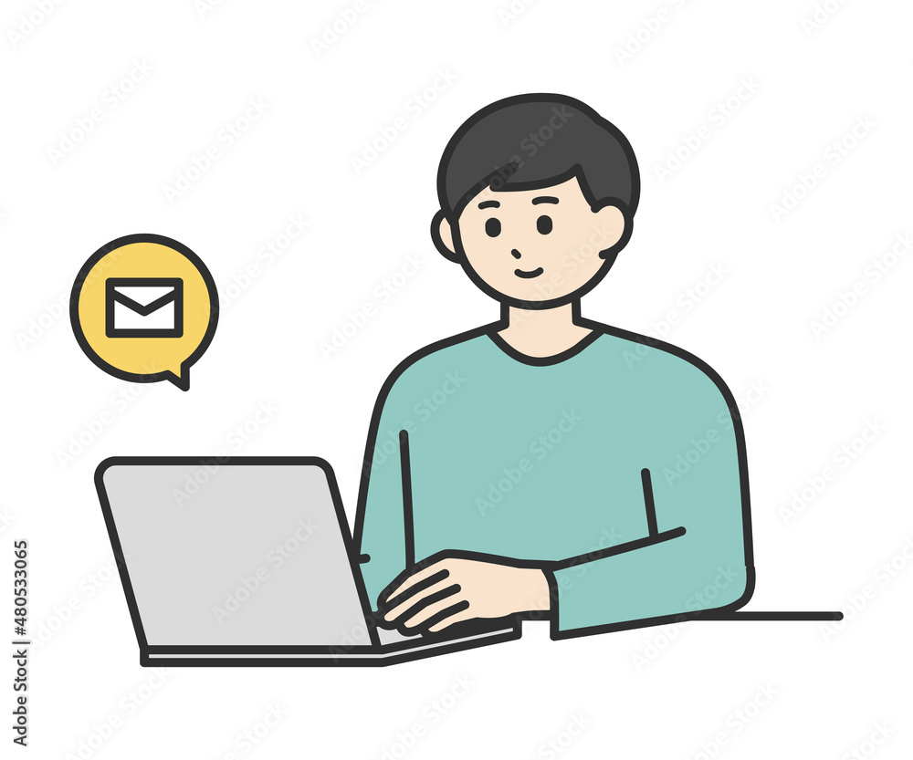 若い男性がノートパソコンを操作してメールを送るイラスト素材セット