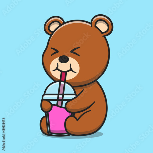 Cute bear drink juice cartoon vector icon illustration