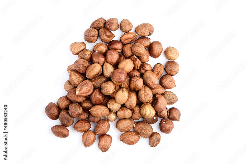Raw shelled hezelnuts or filberts isolated on white Raw shelled hezelnuts or filberts isolated on white
