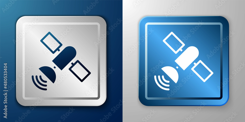 White Satellite icon isolated on blue and grey background. Silver and blue square button. Vector White Satellite icon isolated on blue and grey background. Silver and blue square button. Vector