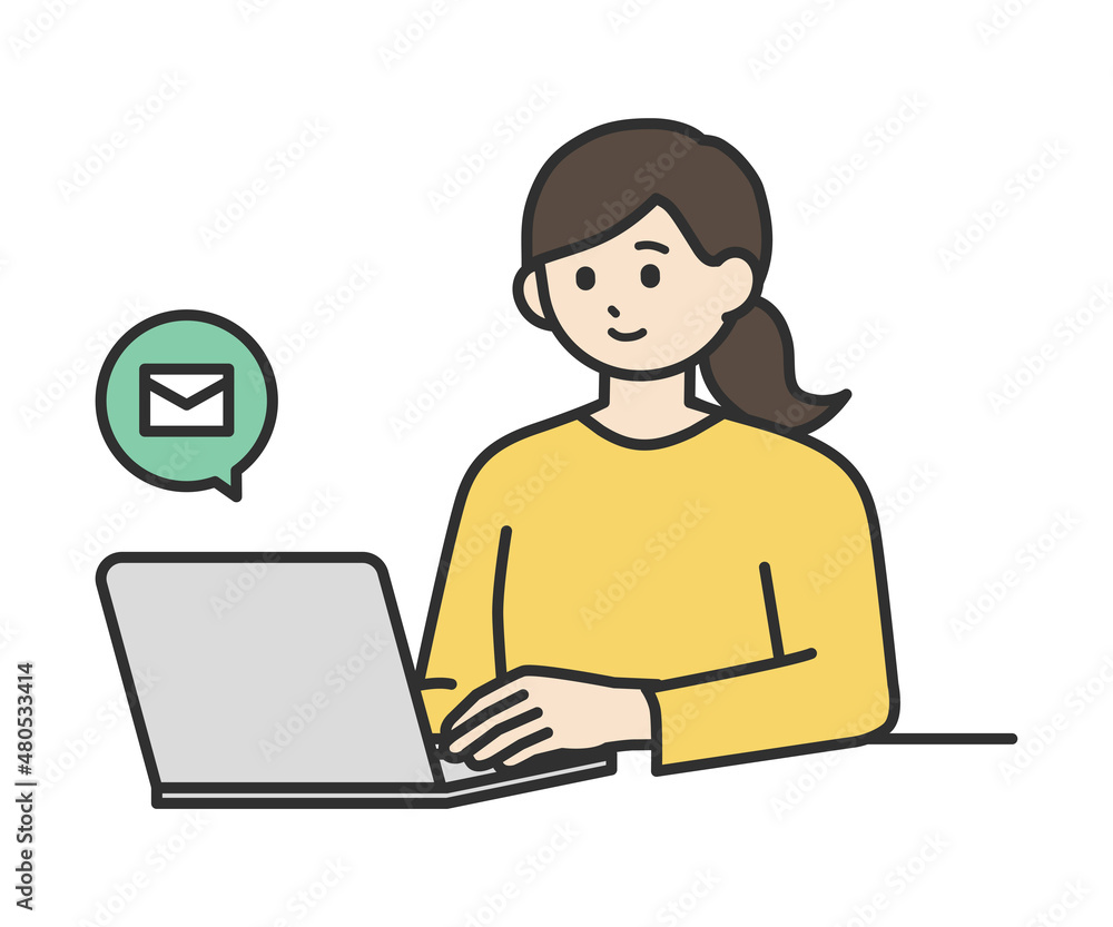 若い女性がノートパソコンを操作してメールを送るイラスト素材セット 若い女性がノートパソコンを操作してメールを送るイラスト素材セット