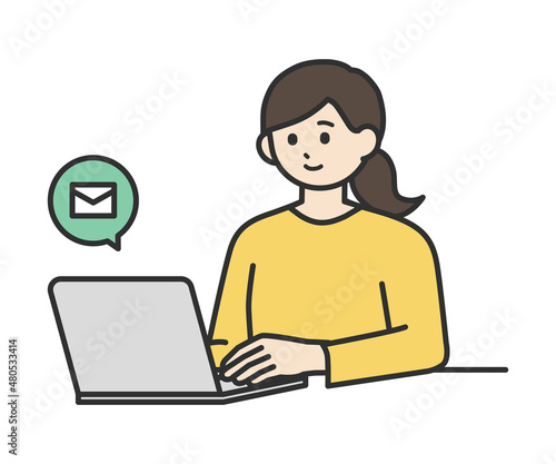 若い女性がノートパソコンを操作してメールを送るイラスト素材セット