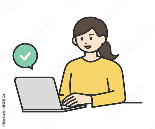 若い女性がノートパソコンを操作して登録するイラスト素材セット