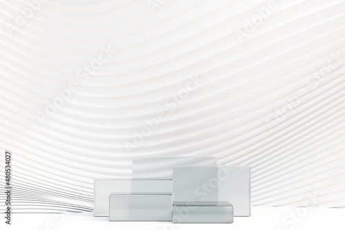 Five block glass podium light theme White background. 3D illustration rendering.