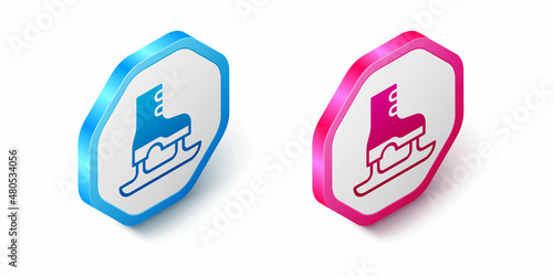 Isometric Skates icon isolated on white background. Ice skate shoes icon. Sport boots with blades. Hexagon button. Vector