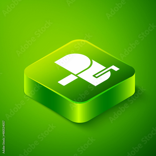 Isometric Mail box icon isolated on green background. Mailbox icon. Mail postbox on pole with flag. Green square button. Vector