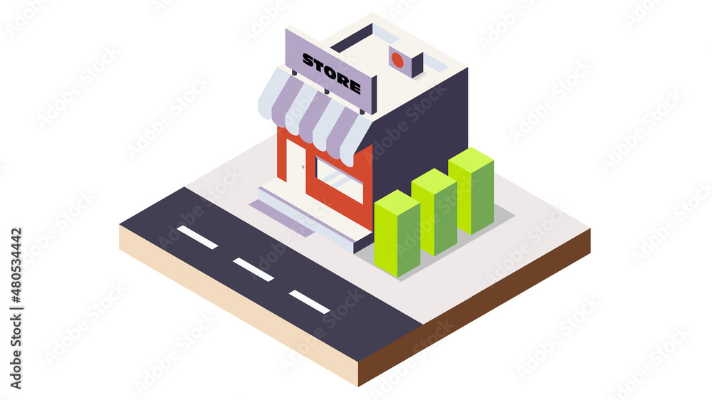 Isometric Shop or Store Building with trees in blue Graphic Element