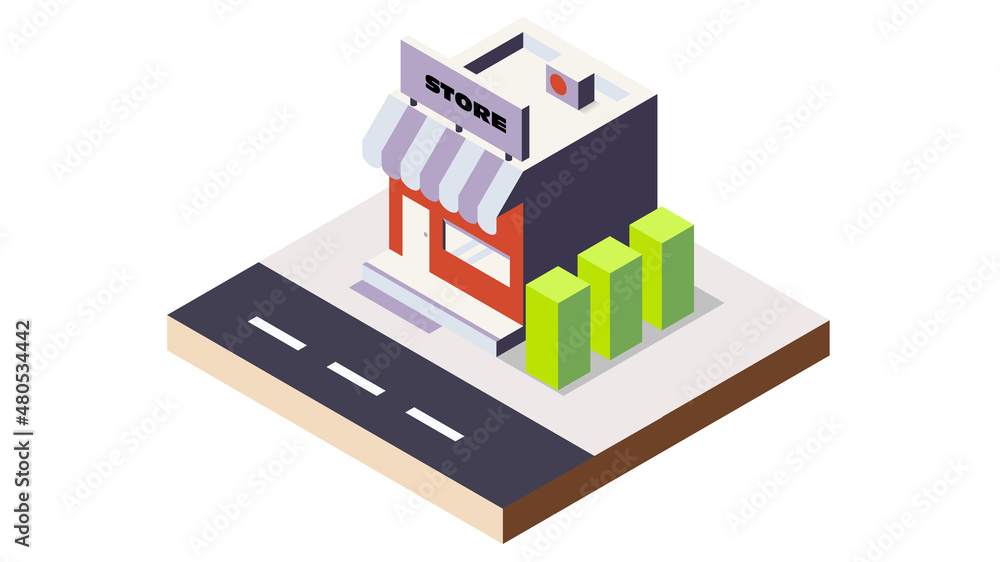 Isometric Shop or Store Building with trees in blue Graphic Element Isometric Shop or Store Building with trees in blue Graphic Element