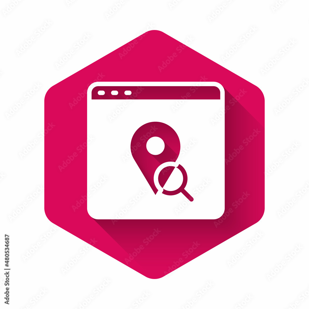 White Infographic of city map navigation icon isolated with long shadow background. Mobile App Interface concept design. Geolacation concept. Pink hexagon button. Vector White Infographic of city map navigation icon isolated with long shadow background. Mobile App Interface concept design. Geolacation concept. Pink hexagon button. Vector