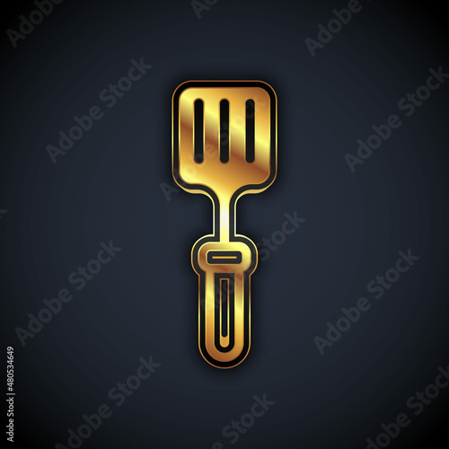 Gold Barbecue spatula icon isolated on black background. Kitchen spatula icon. BBQ spatula sign. Barbecue and grill tool. Vector