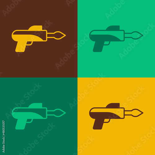 Pop art Fishing harpoon icon isolated on color background. Fishery manufacturers for catching fish under water. Diving underwater equipment. Vector