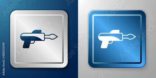 White Fishing harpoon icon isolated on blue and grey background. Fishery manufacturers for catching fish under water. Diving underwater equipment. Silver and blue square button. Vector