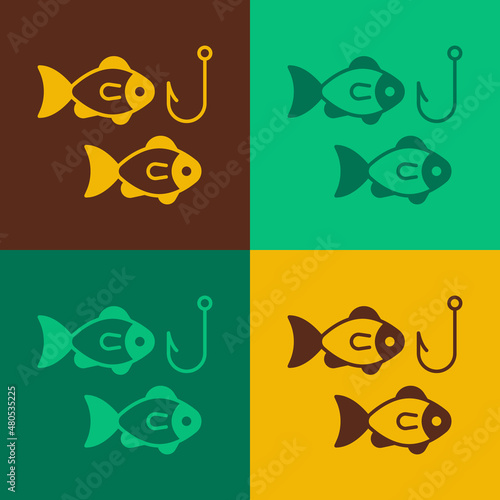 Pop art Fishing hook under water with fish icon isolated on color background. Fishing tackle. Vector