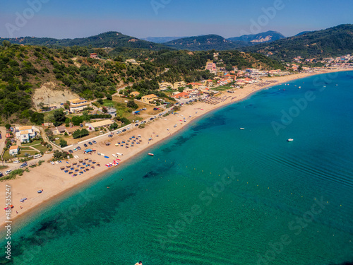 beautiful aerial drone view of agios georgios beach in north corfu greece