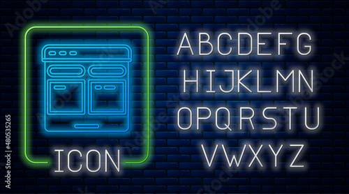 Glowing neon Online translator icon isolated on brick wall background. Foreign language conversation icons in chat speech bubble. Translating concept. Neon light alphabet. Vector