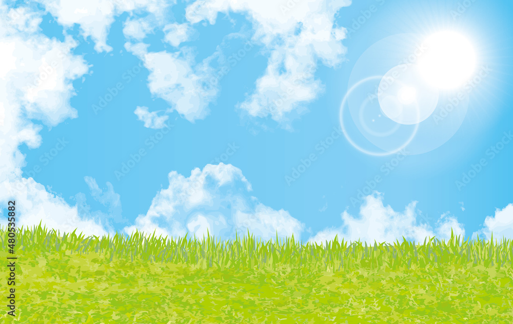 ベクターai 青空と草原のどかなピクニックリゾート地サマーバケーションやお盆時季イメージ背景壁紙イラスト素材 Stock Vector Adobe Stock