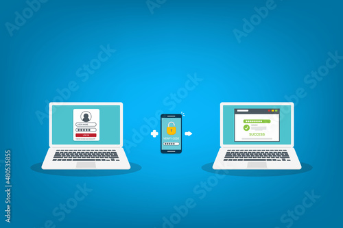Two factor authentication password secure notice login verification or sms with push code message icon in smartphone phone and laptop computer.	