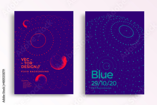 Minimal dynamic covers design with color sphere of dots. Geometry vector background in duotone color for flyer, poster.