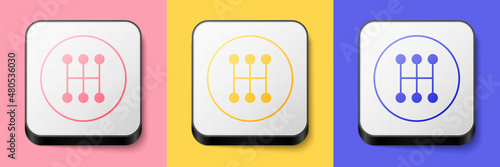 Isometric Gear shifter icon isolated on pink, yellow and blue background. Manual transmission icon. Square button. Vector