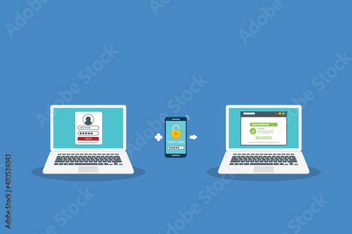 Obraz na plátně Two factor authentication password secure notice login verification or sms with push code message icon in smartphone phone and laptop computer