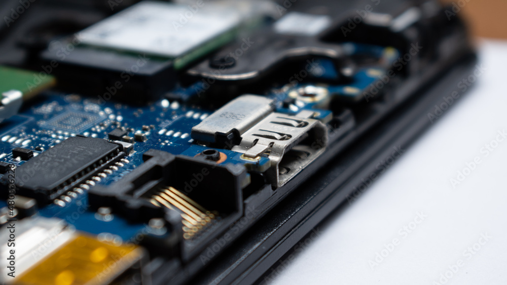 HDMI port in laptop motherboard ,focused view, white background HDMI port in laptop motherboard ,focused view, white background