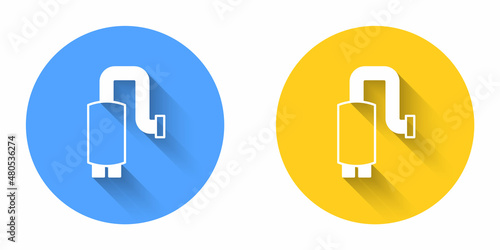 White Car muffler icon isolated with long shadow background. Exhaust pipe. Circle button. Vector