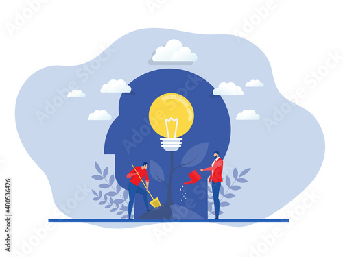 businessman Watering plants with big brain growth mindset idea concept vector