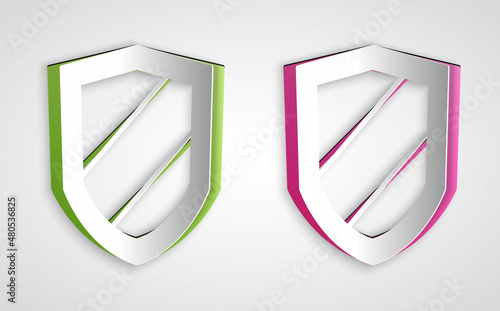 Paper cut Shield icon isolated on grey background. Guard sign. Security, safety, protection, privacy concept. Paper art style. Vector