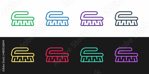 Set line Brush for cleaning icon isolated on black and white background. Cleaning service concept. Vector Illustration