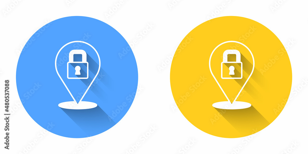 White Lock icon isolated with long shadow background. Padlock sign. Security, safety, protection, privacy concept. Circle button. Vector White Lock icon isolated with long shadow background. Padlock sign. Security, safety, protection, privacy concept. Circle button. Vector