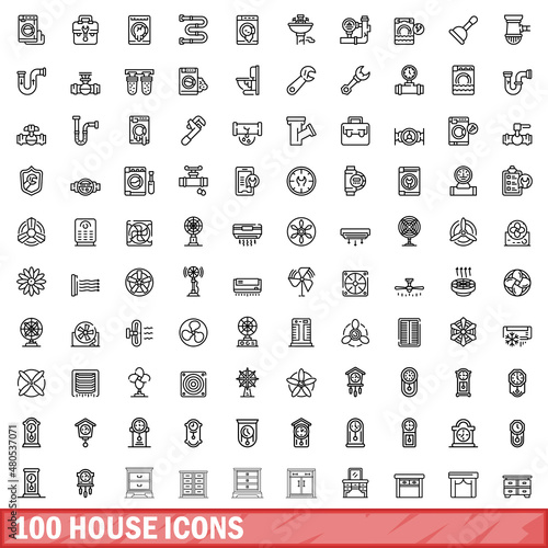 100 house icons set, outline style