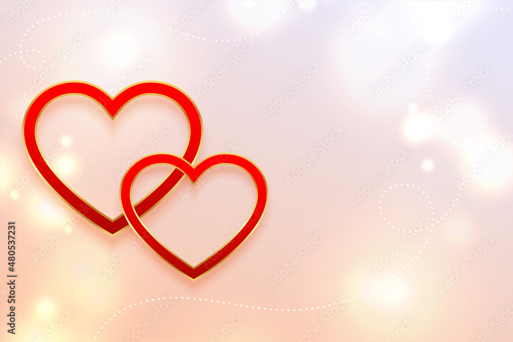 two valentines day hearts on shiny background with text space