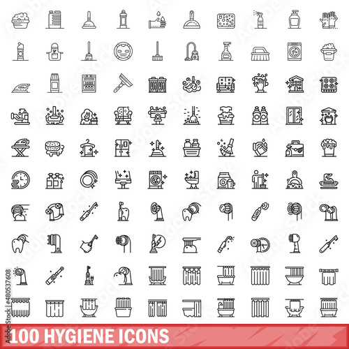 100 hygiene icons set, outline style