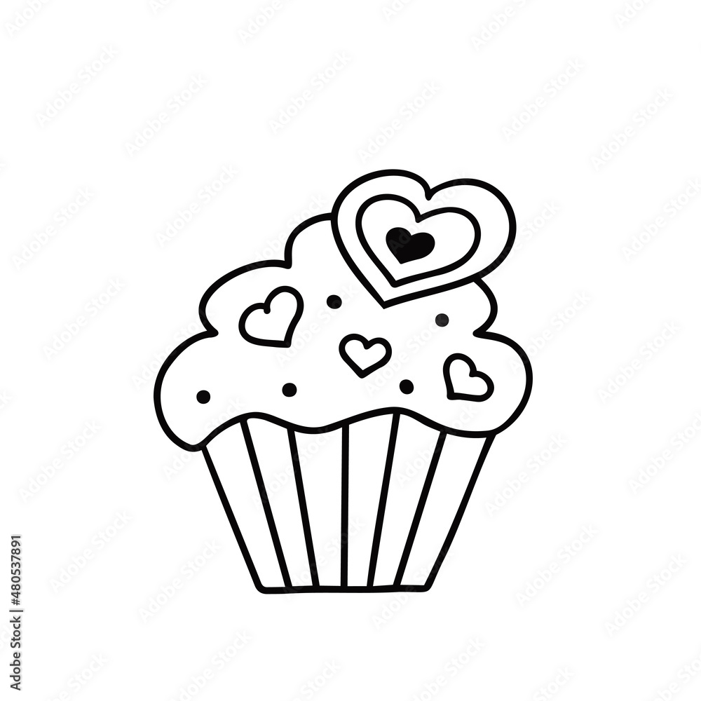 Muffin, cupcake with hearts. Vector Illustration for printing, backgrounds, covers, packaging, greeting cards, posters, stickers, textile and seasonal design. Isolated on white background. Muffin, cupcake with hearts. Vector Illustration for printing, backgrounds, covers, packaging, greeting cards, posters, stickers, textile and seasonal design. Isolated on white background.