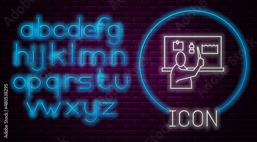 Glowing neon line Stop plastic pollution icon isolated on brick wall background. Ecological poster. Neon light alphabet. Vector Illustration