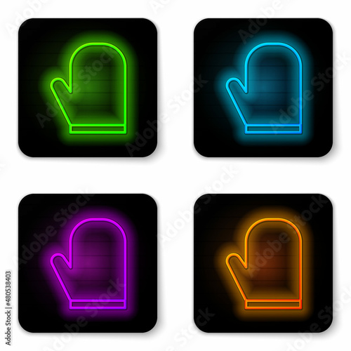 Glowing neon line Oven glove icon isolated on white background. Kitchen potholder sign. Cooking glove. Black square button. Vector Illustration