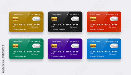 set of realistic credit cards in siz colors