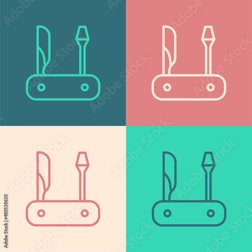 Pop art line Swiss army knife icon isolated on color background. Multi-tool, multipurpose penknife. Multifunctional tool. Vector